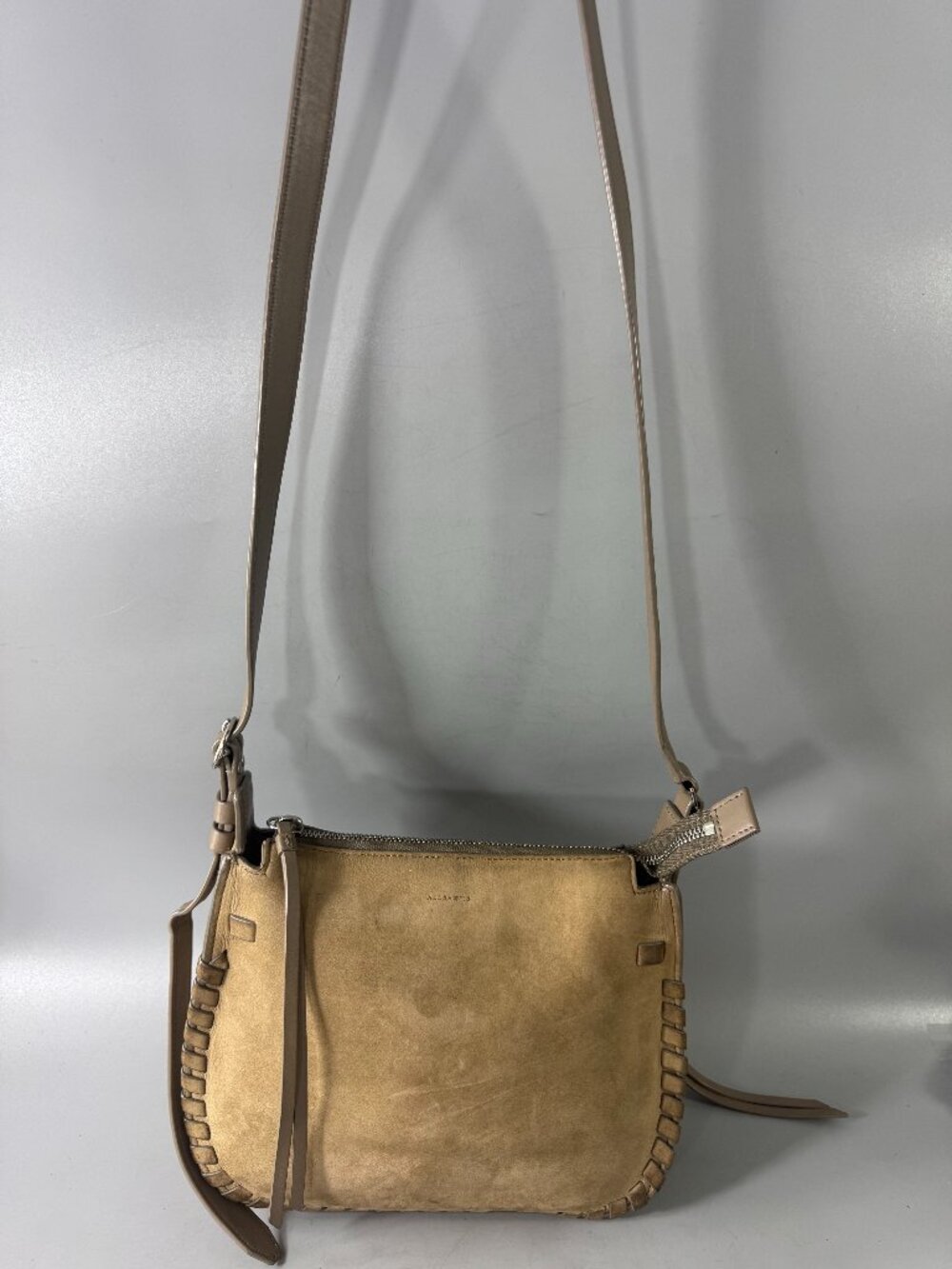 Allsaints Womens Suede Whipstitch Crossbody Shoulder Handbag Taupe
